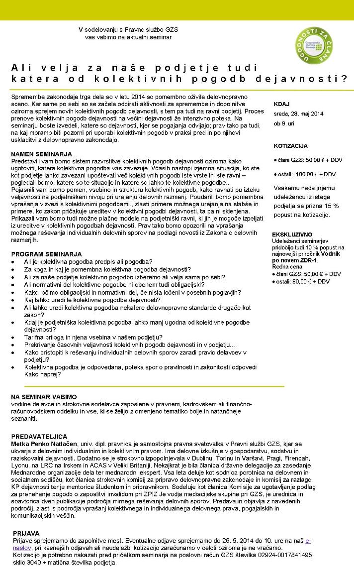 Seminar: Ali velja za naše podjetje tudi katera od kolektivnih pogodb dejavnosti?, 28. 5. 2014