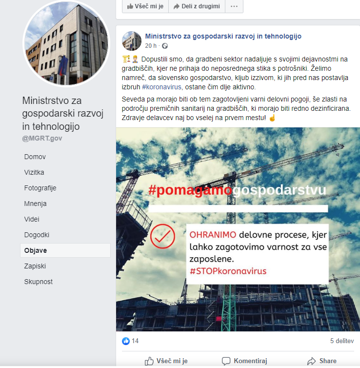 Objava MGRT v zvezi z opravljanjem gradbenih storitev  v času pandemije koronavirusa