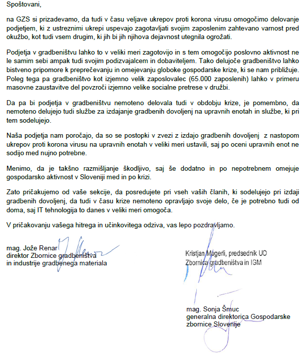 Poziv pristojnim za zagotavljanje potrebnih kapacitet za izdajo gradbenih dovoljenj v času izrednih ukrepov zaradi korona virusa in prvi odgovori deležnikov